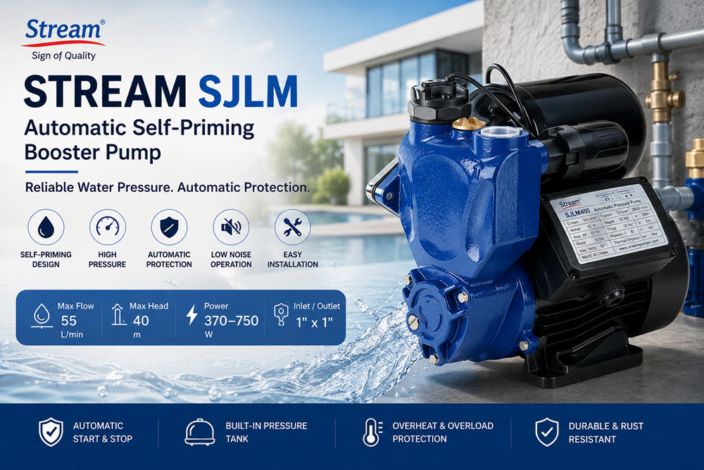Stream SJLM Self-Priming Booster Pump: Automatic Water Pressure Solution for Homes and Gardens Stream SJLM Self-Priming Booster Pump: Automatic Water Pressure Solution for Homes and Gardens